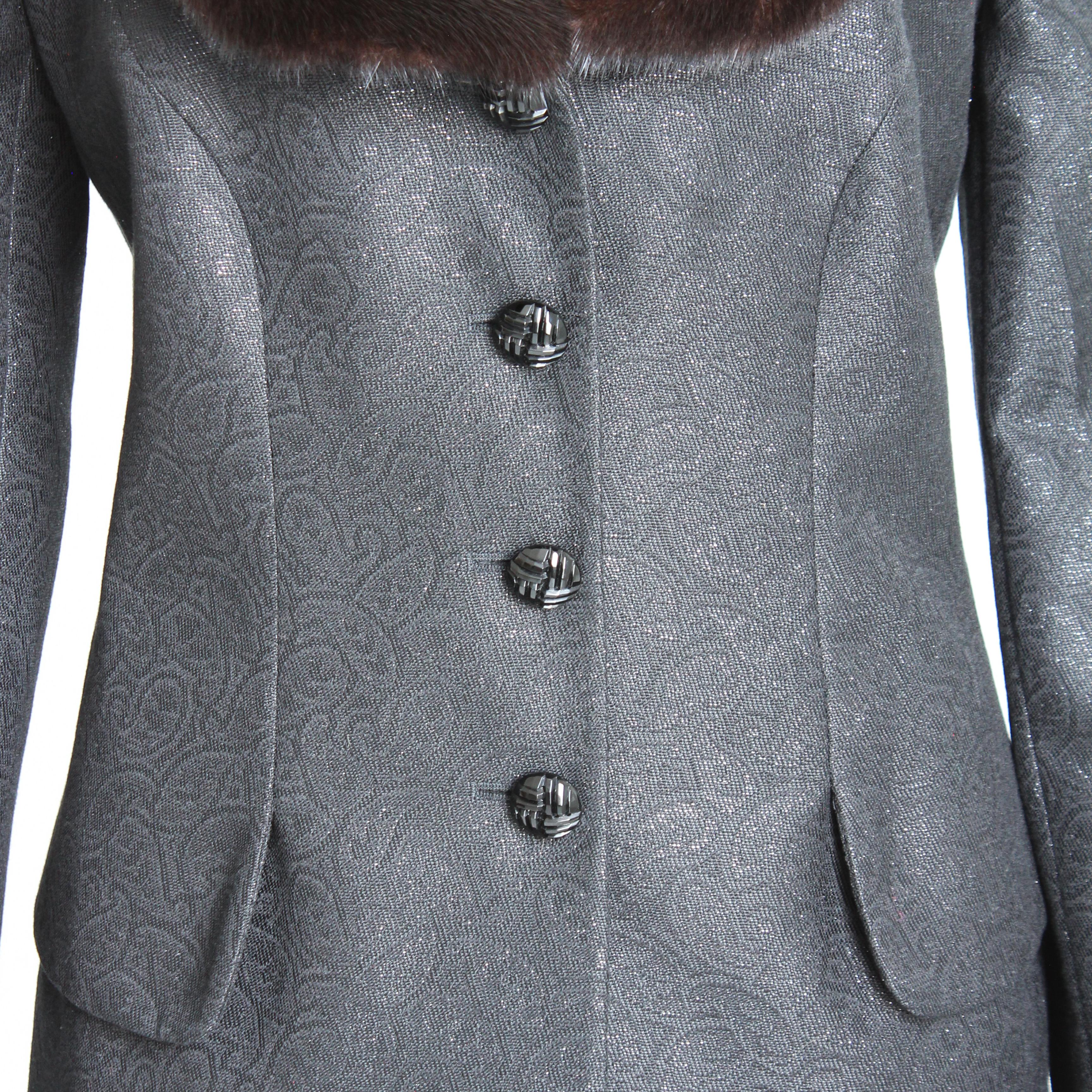 Escada Couture Suit Mink Trim Jacket & Skirt 2pc Set Silk Wool Blend Paisley 40 For Sale 4