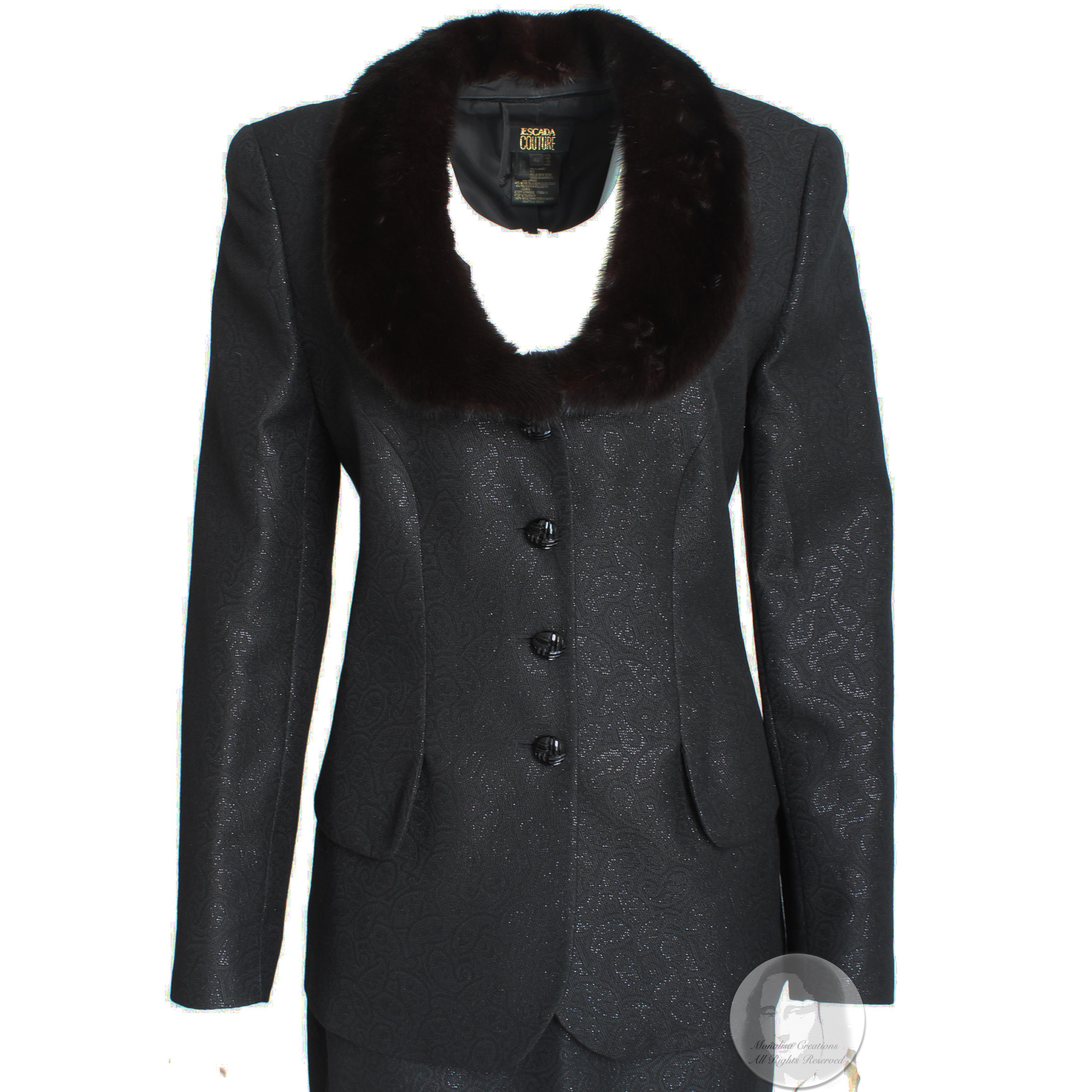 Escada Couture Suit Mink Trim Jacket & Skirt 2pc Set Silk Wool Blend Paisley 40 2