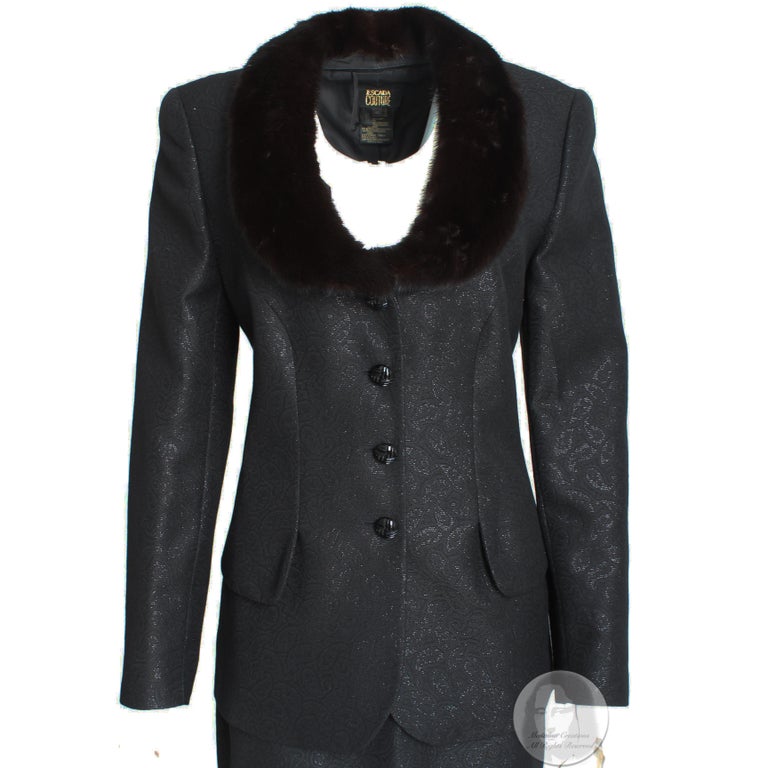 Escada Couture Suit Mink Trim Jacket & Skirt 2pc Set Silk Wool Blend Paisley 40 For Sale 2