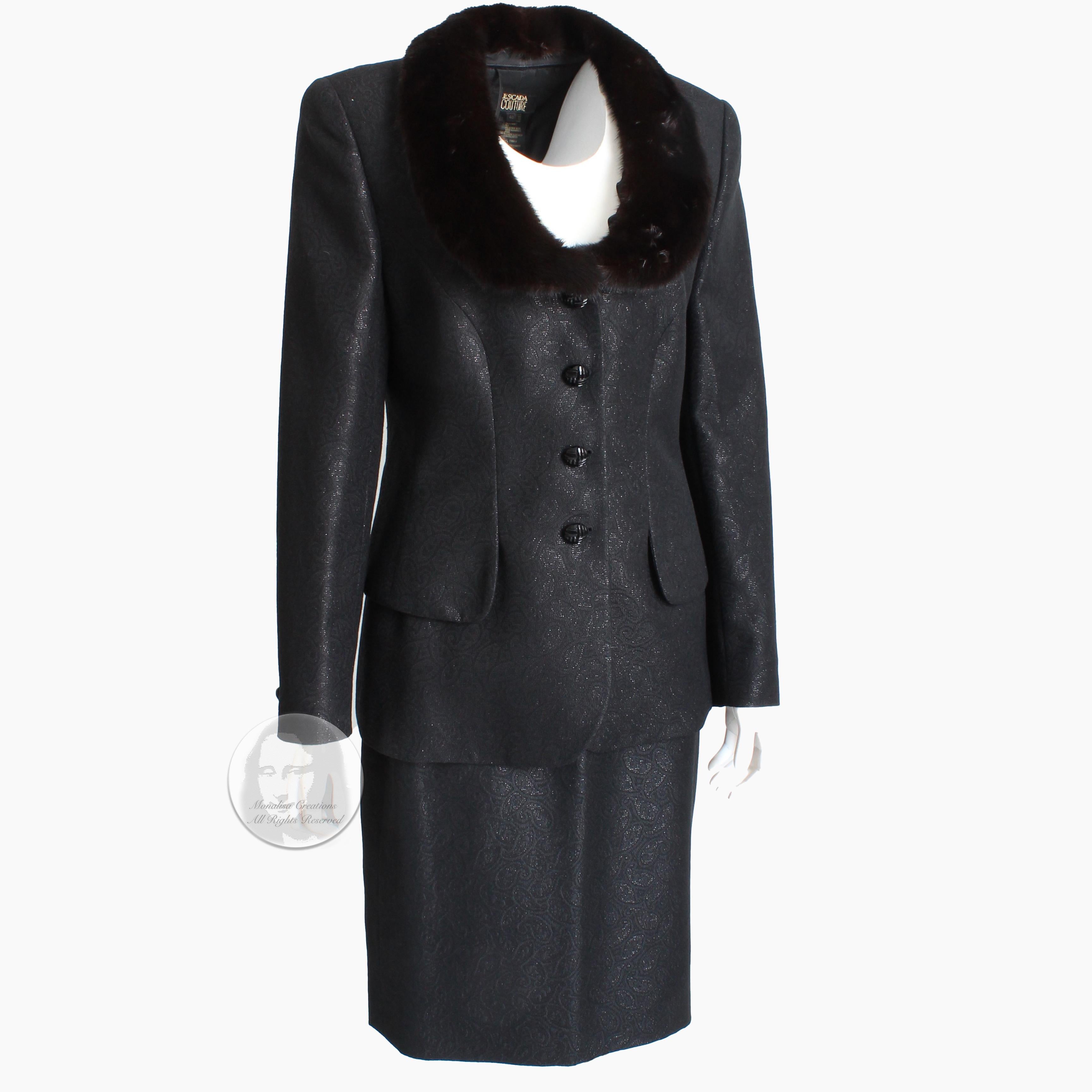 Escada Couture Suit Mink Trim Jacket & Skirt 2pc Set Silk Wool Blend Paisley 40 3