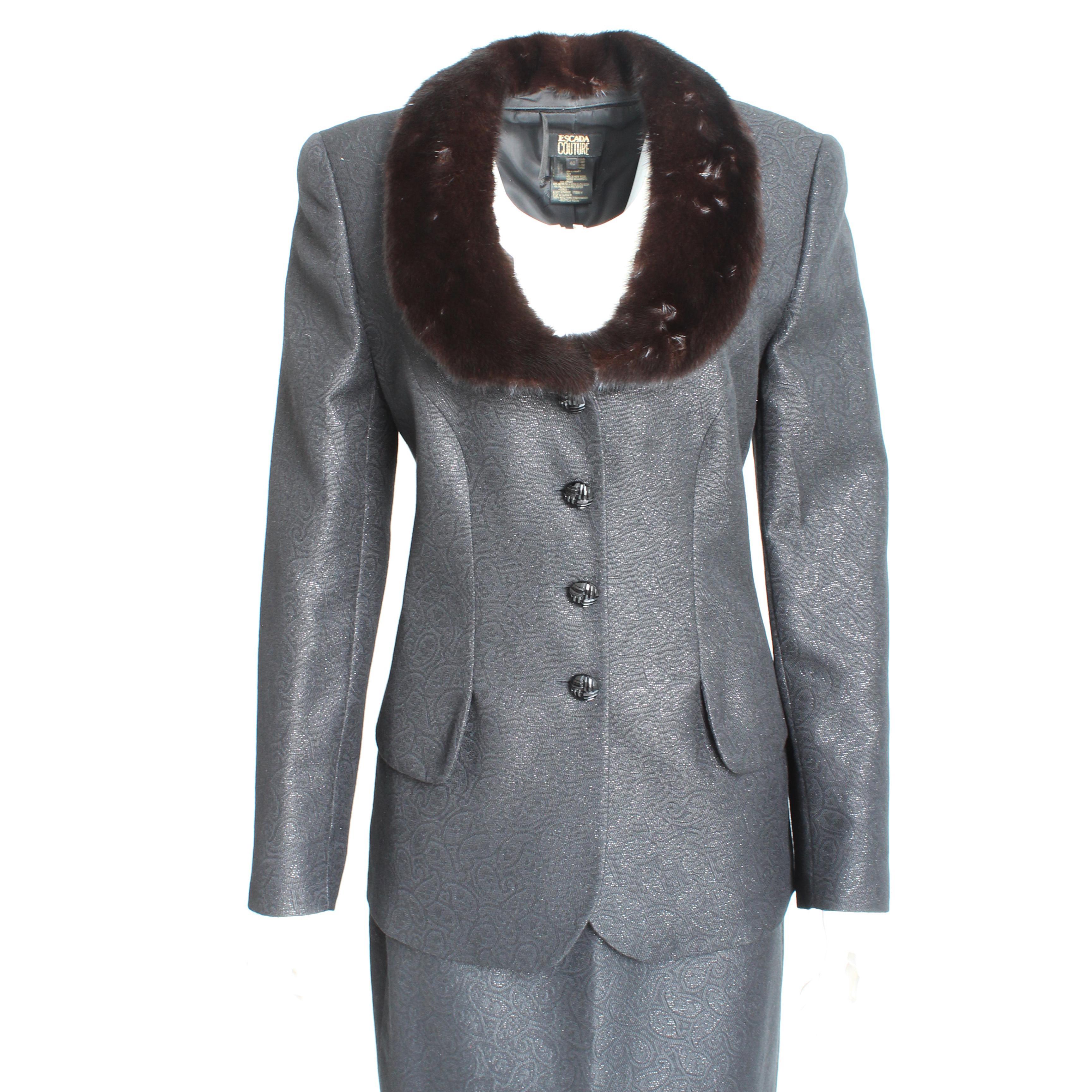 Escada Couture Suit Mink Trim Jacket & Skirt 2pc Set Silk Wool Blend Paisley 40 For Sale 3