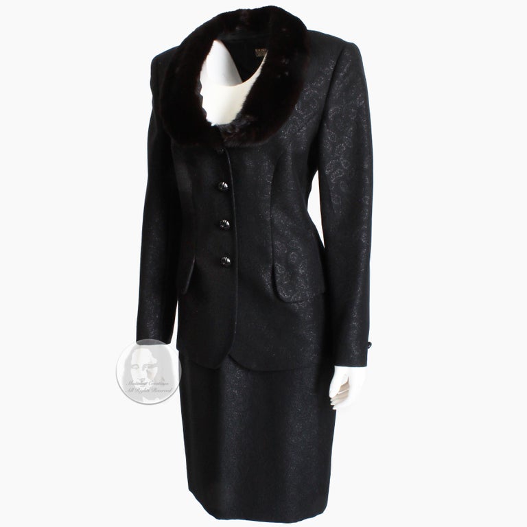 Escada Couture Suit Mink Trim Jacket & Skirt 2pc Set Silk Wool Blend Paisley 40 For Sale 5