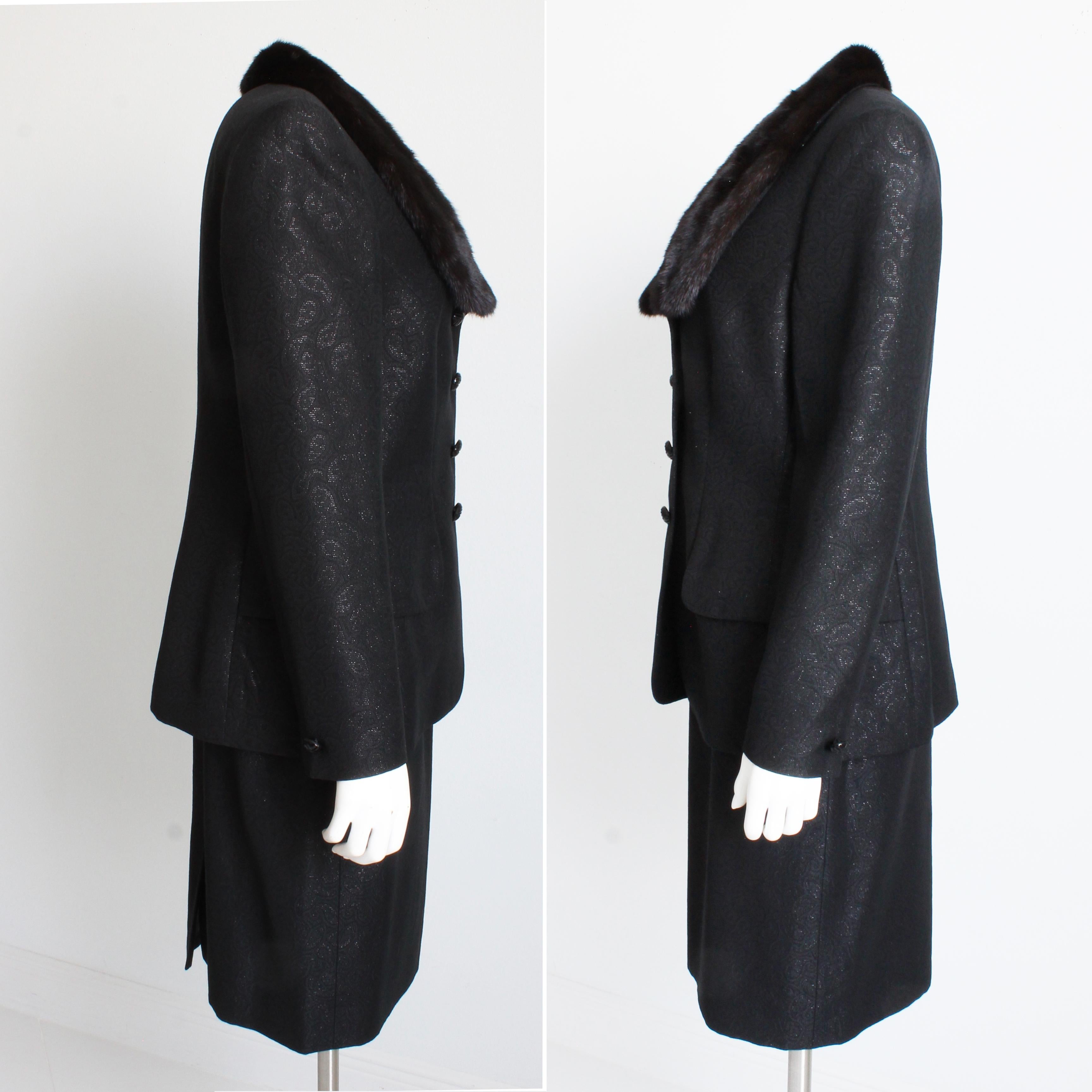 Escada Couture Suit Mink Trim Jacket & Skirt 2pc Set Silk Wool Blend Paisley 40 For Sale 7