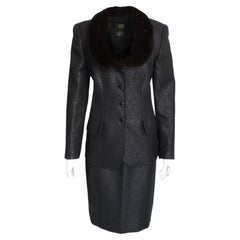 Escada Couture Suit Mink Trim Jacket & Skirt 2pc Set Silk Wool Blend Paisley 40