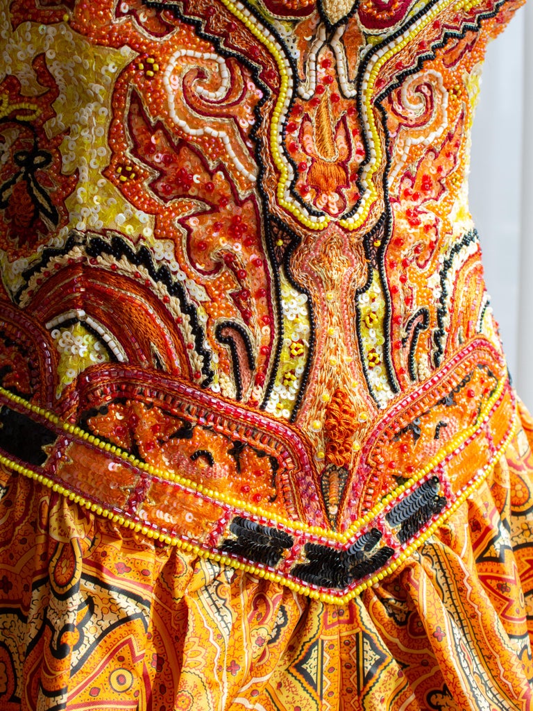 escada orange dress Escada Couture Vintage 1990s Orange Embellished Multicolor Silk Gown Dress  at 1stDibs