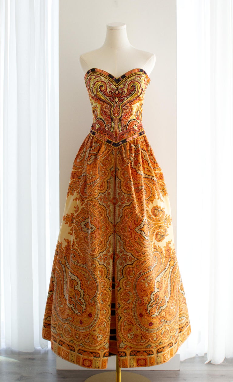 escada orange dress Escada Couture Vintage 1990s Orange Embellished Multicolor Silk Gown Dress  at 1stDibs