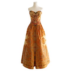 Escada Couture Vintage 1990s Orange Embellished Multicolor Silk Gown Dress
