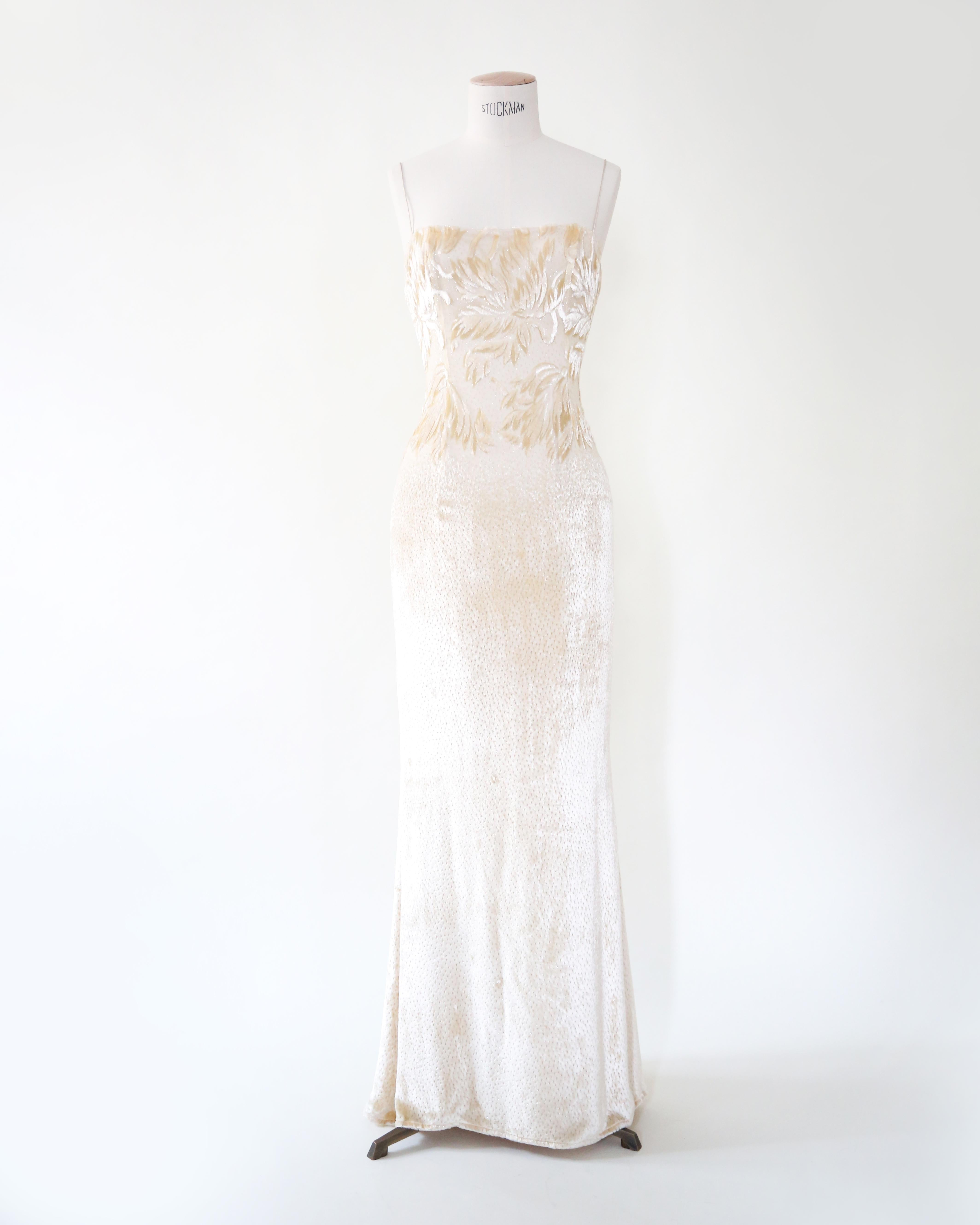 Beige Escada Couture vintage cream ivory velvet silk wedding slip style gown dress 38
