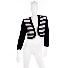 Escada Couture Vintage Cropped Black White Velvet & Satin Striped Evening Jacket