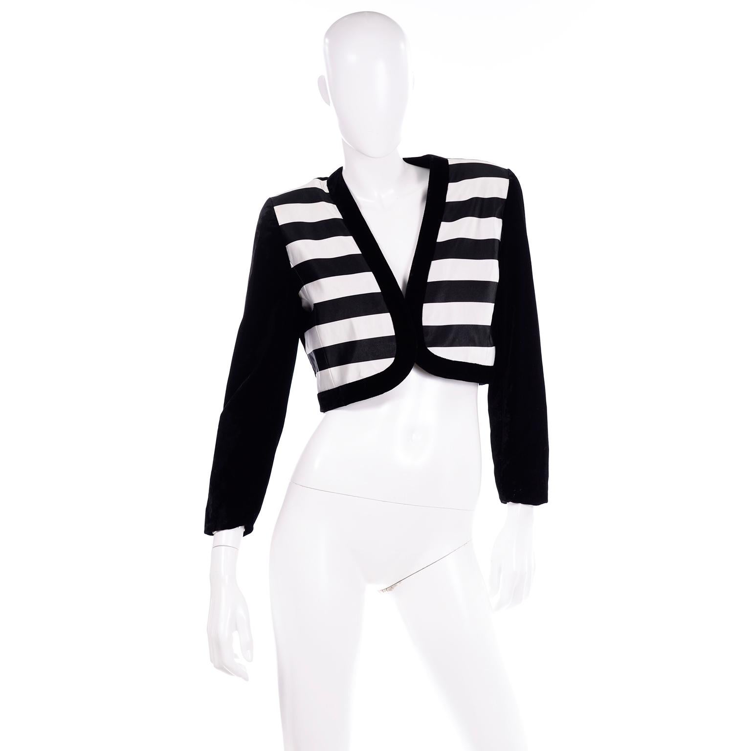Escada Couture Vintage Cropped Black White Velvet & Satin Striped Evening Jacket In Excellent Condition For Sale In Portland, OR