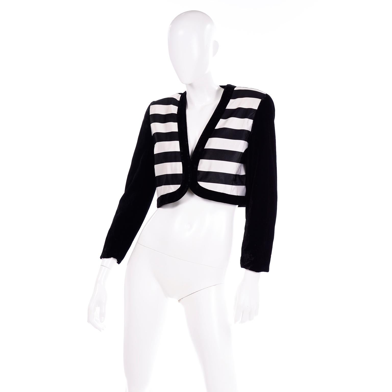 Women's Escada Couture Vintage Cropped Black White Velvet & Satin Striped Evening Jacket For Sale