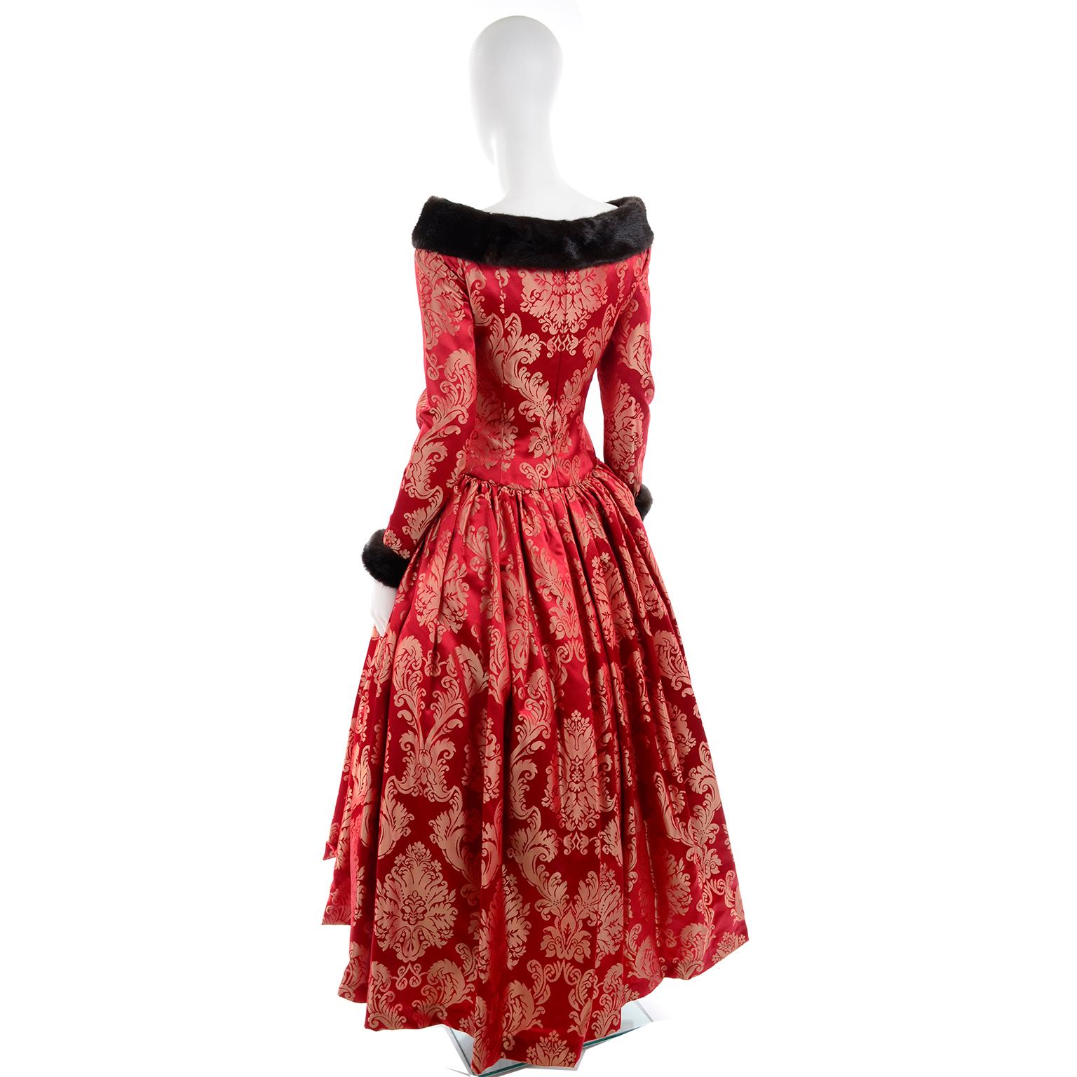 Escada Couture Vintage Dress Red Jacquard Evening Gown With Mink Trim In Excellent Condition In Portland, OR