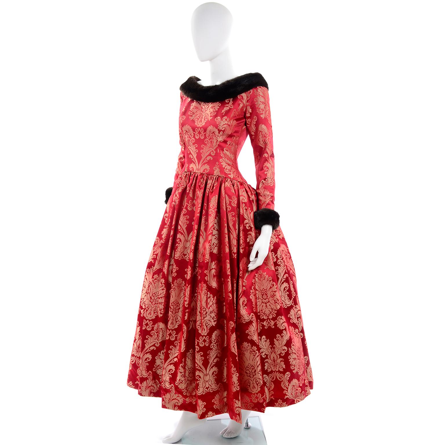 Women's Escada Couture Vintage Dress Red Jacquard Evening Gown With Mink Trim
