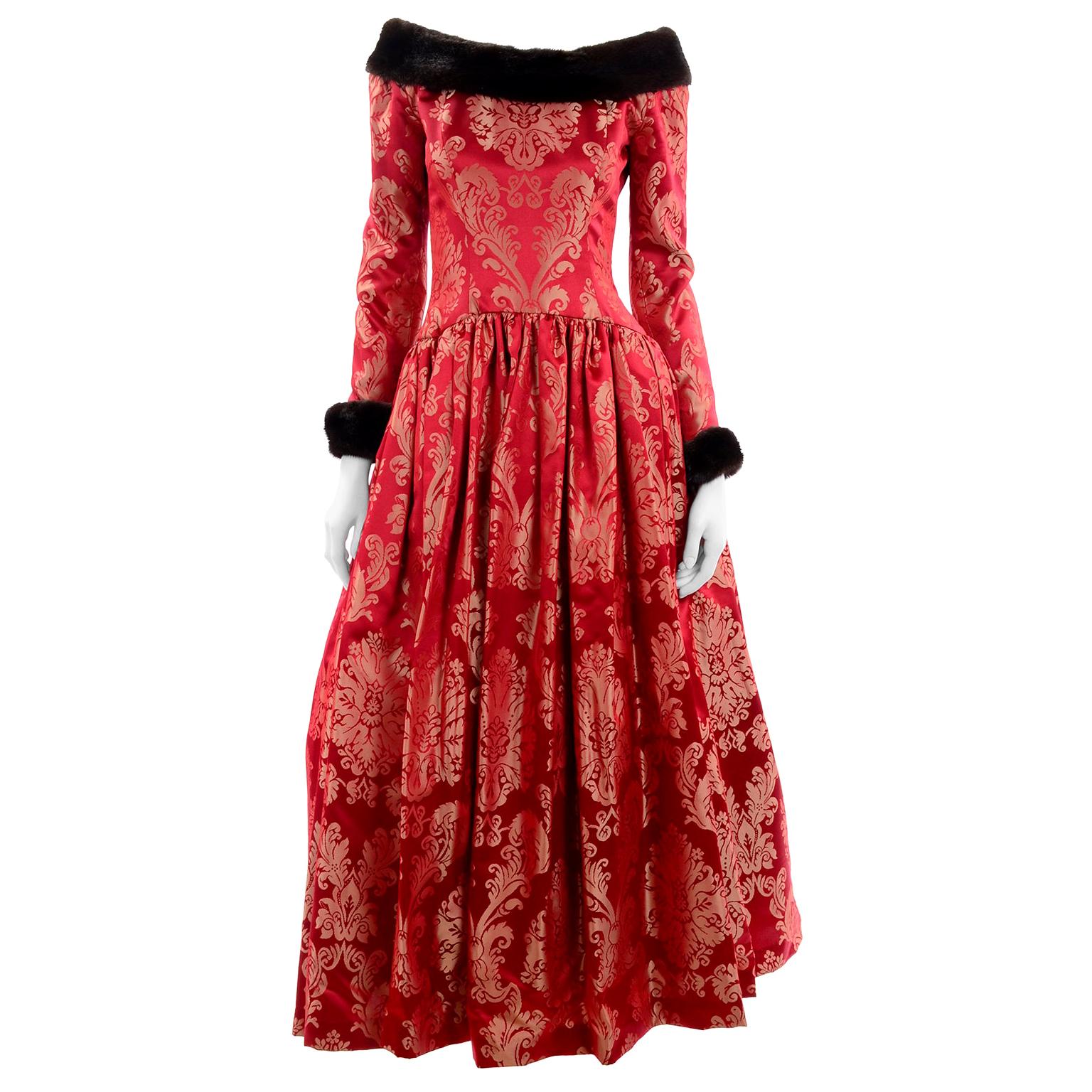 Escada Couture Vintage Dress Red Jacquard Evening Gown With Mink Trim