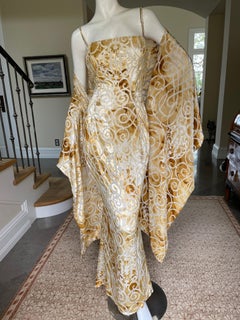 Escada Couture Vintage Gold Devore Velvet Spiral Pattern Dress w Matching Shawl