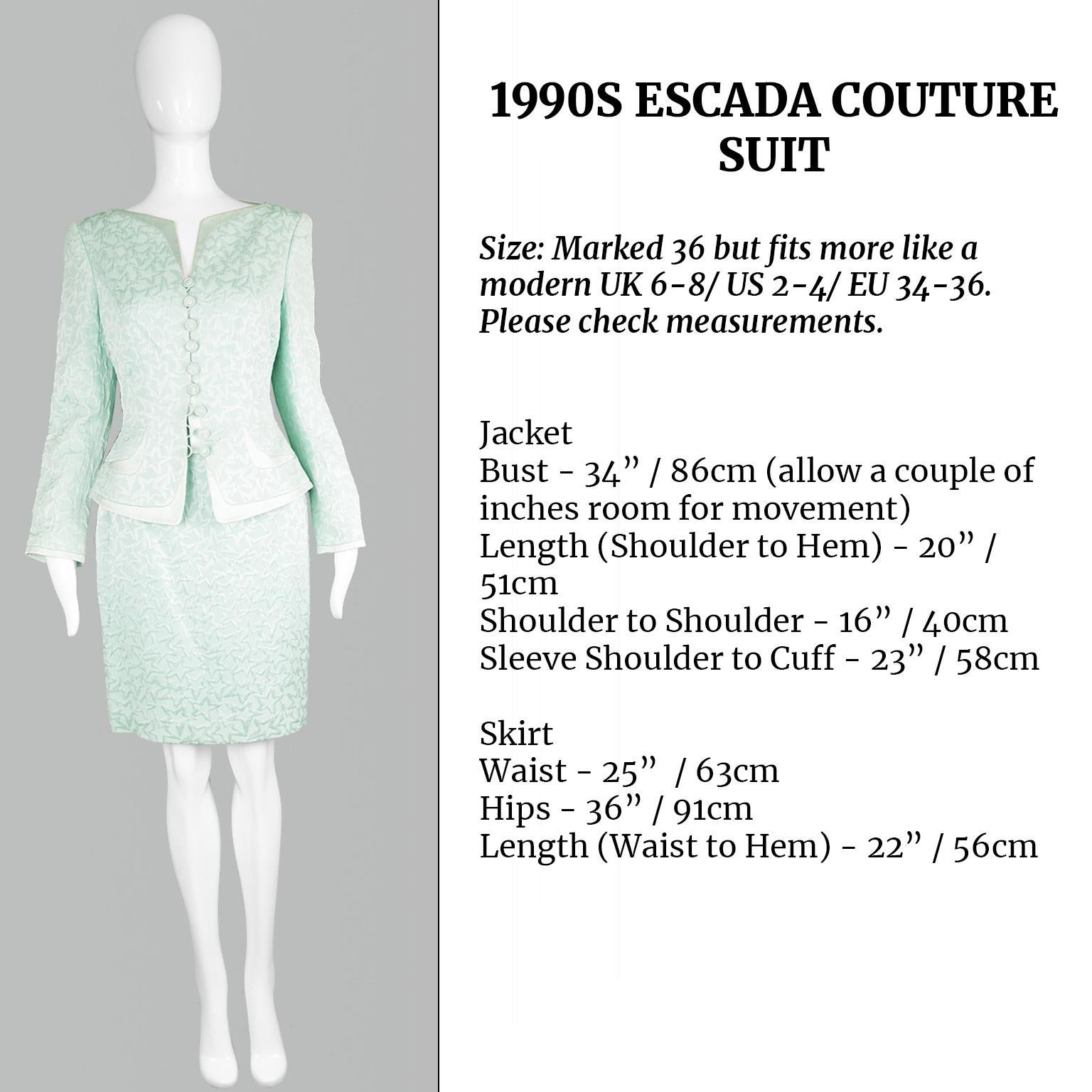 Women's Escada Couture Vintage Mint Star Pattern Brocade & Silk Satin Skirt Suit, 1990s For Sale