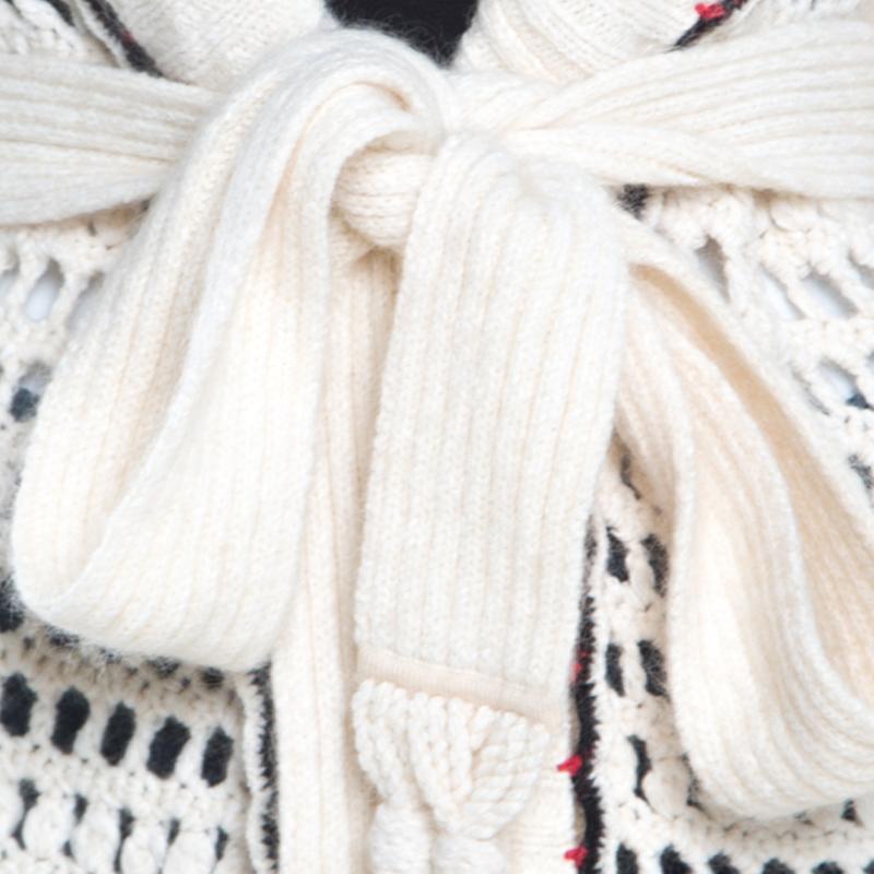 Escada Cream Crochet Knit Floral Applique Scalloped Tassel Edge Long Cardigan L In Excellent Condition In Dubai, Al Qouz 2