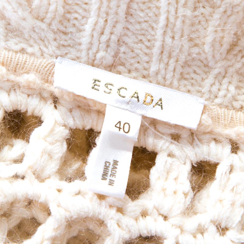 Beige Escada Cream Crochet Knit Floral Applique Scalloped Tassel Edge Long Cardigan L