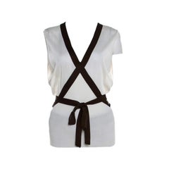 Escada Cream Knit Contrast Tie Up Trim Sleeveless Top L