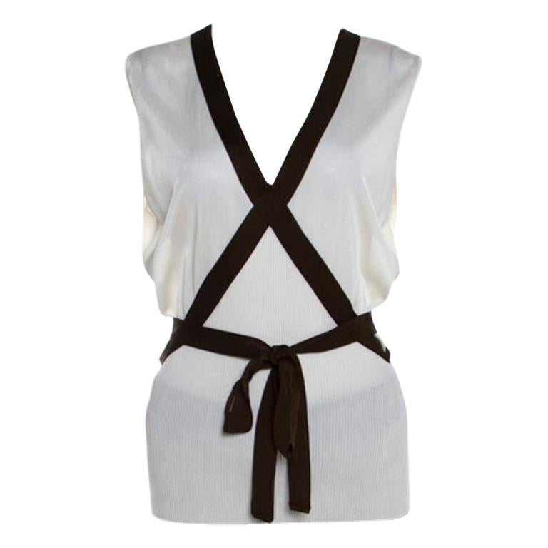 Escada Cream Knit Contrast Tie Up Trim Sleeveless Top L