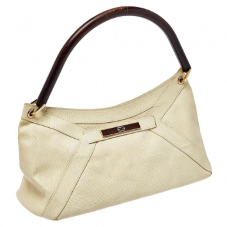 Escada - Sac à bandoulière Baguette en cuir gaufré lézard crème en vente 2