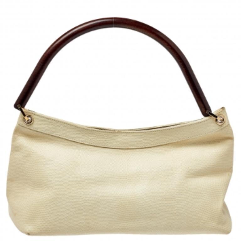 Escada - Sac à bandoulière Baguette en cuir gaufré lézard crème en vente 3