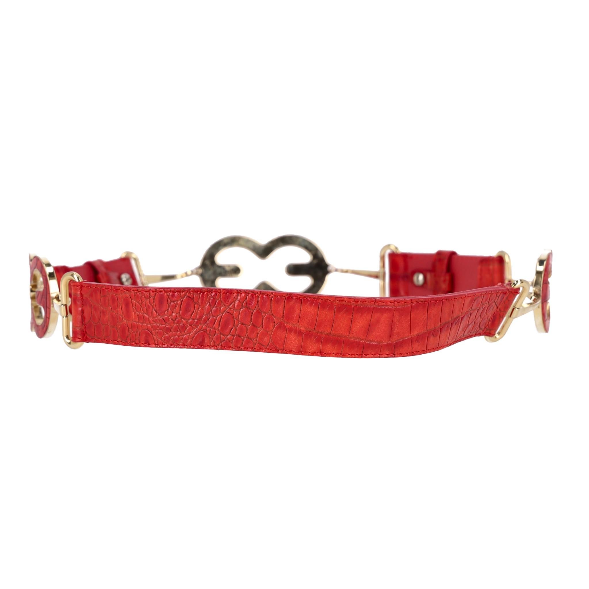 Red Escada Croc Embossed Leather Triple-Buckle Belt For Sale