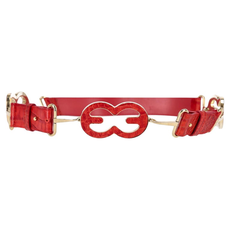 Escada Croc Embossed Leather Triple-Buckle Belt For Sale at 
