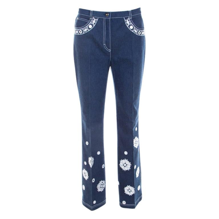 Escada Dark Blue Cotton Stretch Denim Embroidered Floral Motif Flared Jeans M For Sale