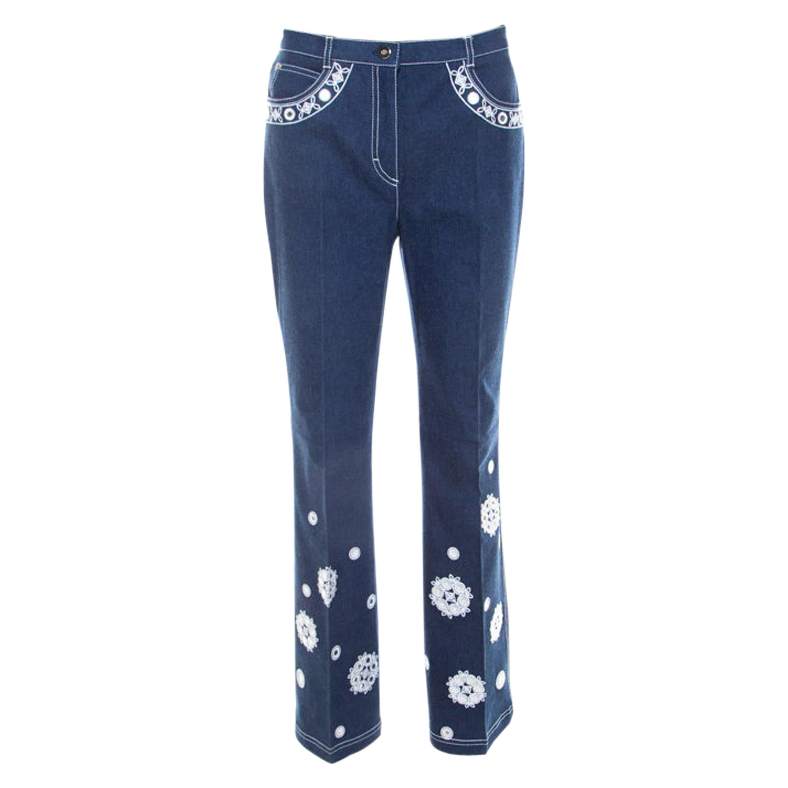 Escada Dark Blue Cotton Stretch Denim Embroidered Floral Motif Flared Jeans M