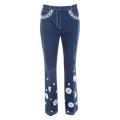 Escada Dark Blue Cotton Stretch Denim Embroidered Floral Motif Flared Jeans M