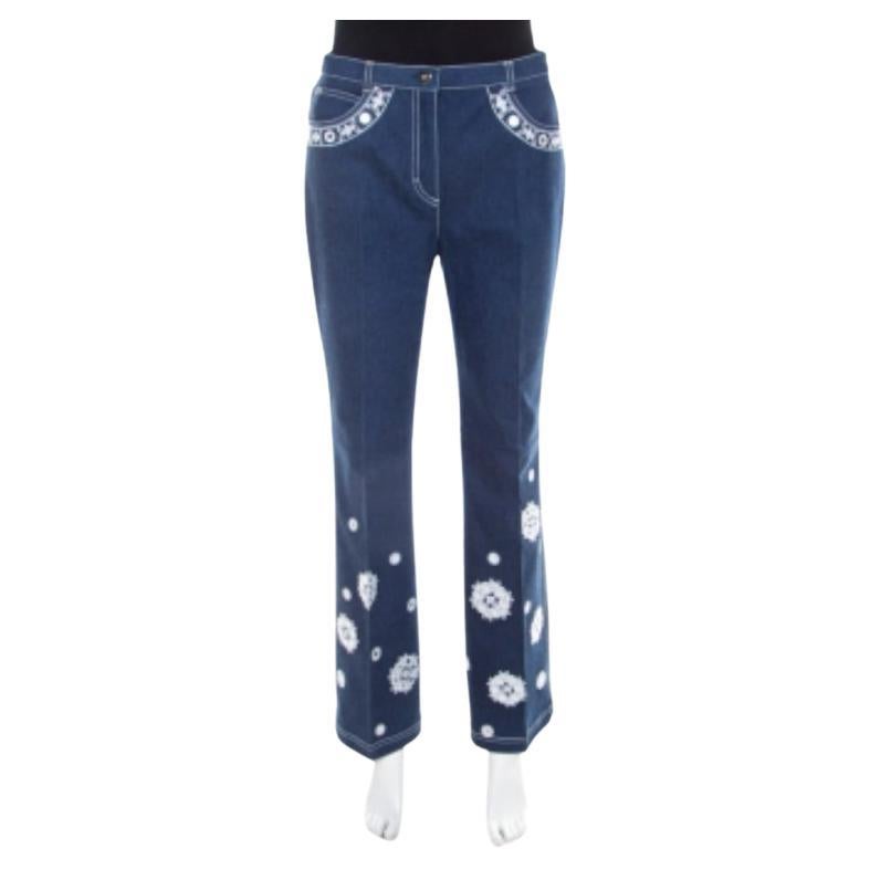 Escada Azul Oscuro Algodón Vaquero Elástico Bordado Motivo Floral Vaqueros Acampanados M