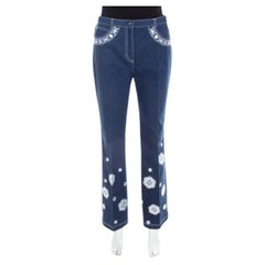 Escada Dark Blue Cotton Stretch Denim Embroidered Floral Motif Flared Jeans M