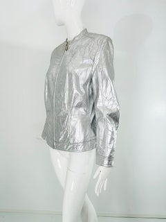 Escada Distressed Silver Metallic Leather Band Collar Zipper Front Jacket 42