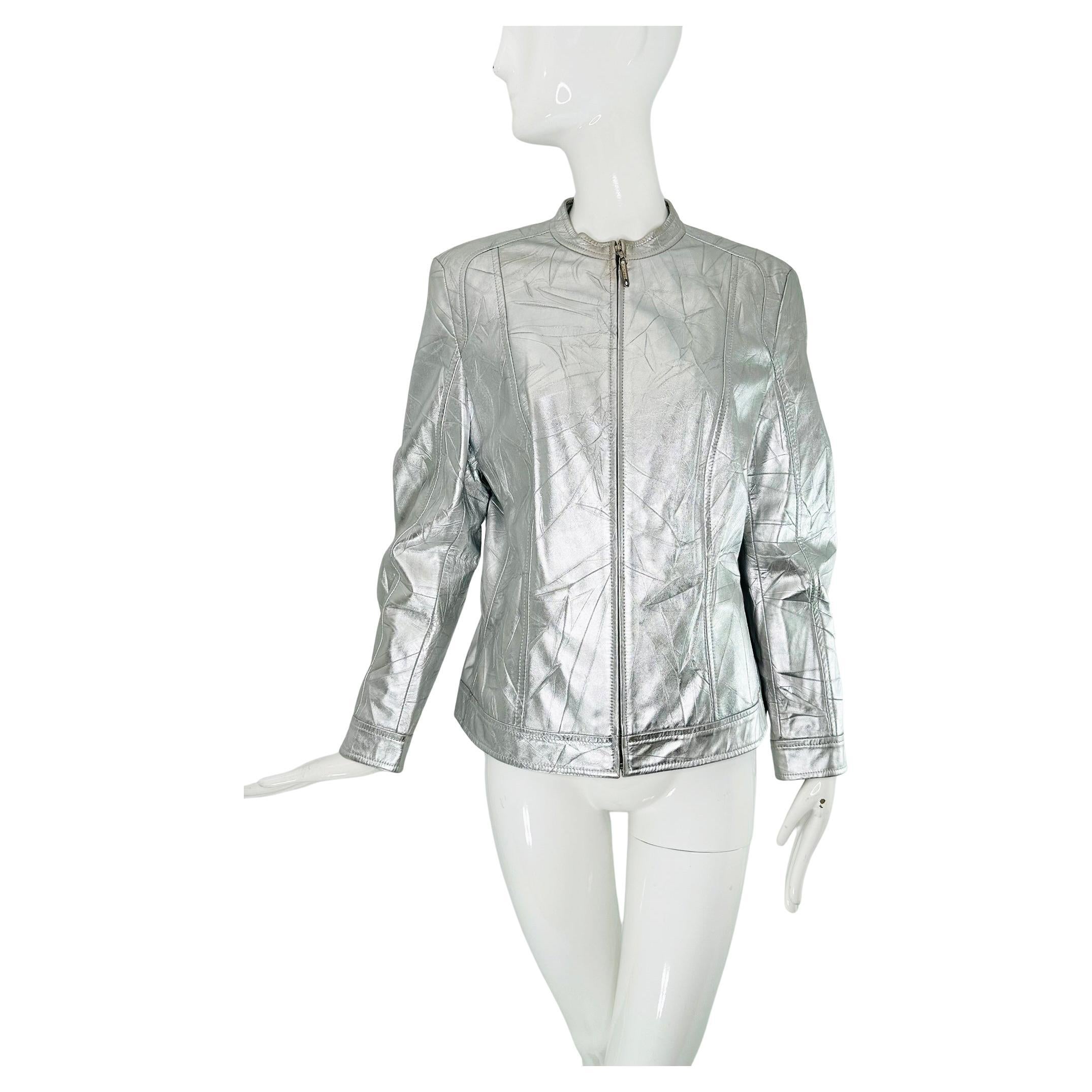 Escada Distressed Silver Metallic Leather Band Collar Zipper Front Jacket 42 For Sale