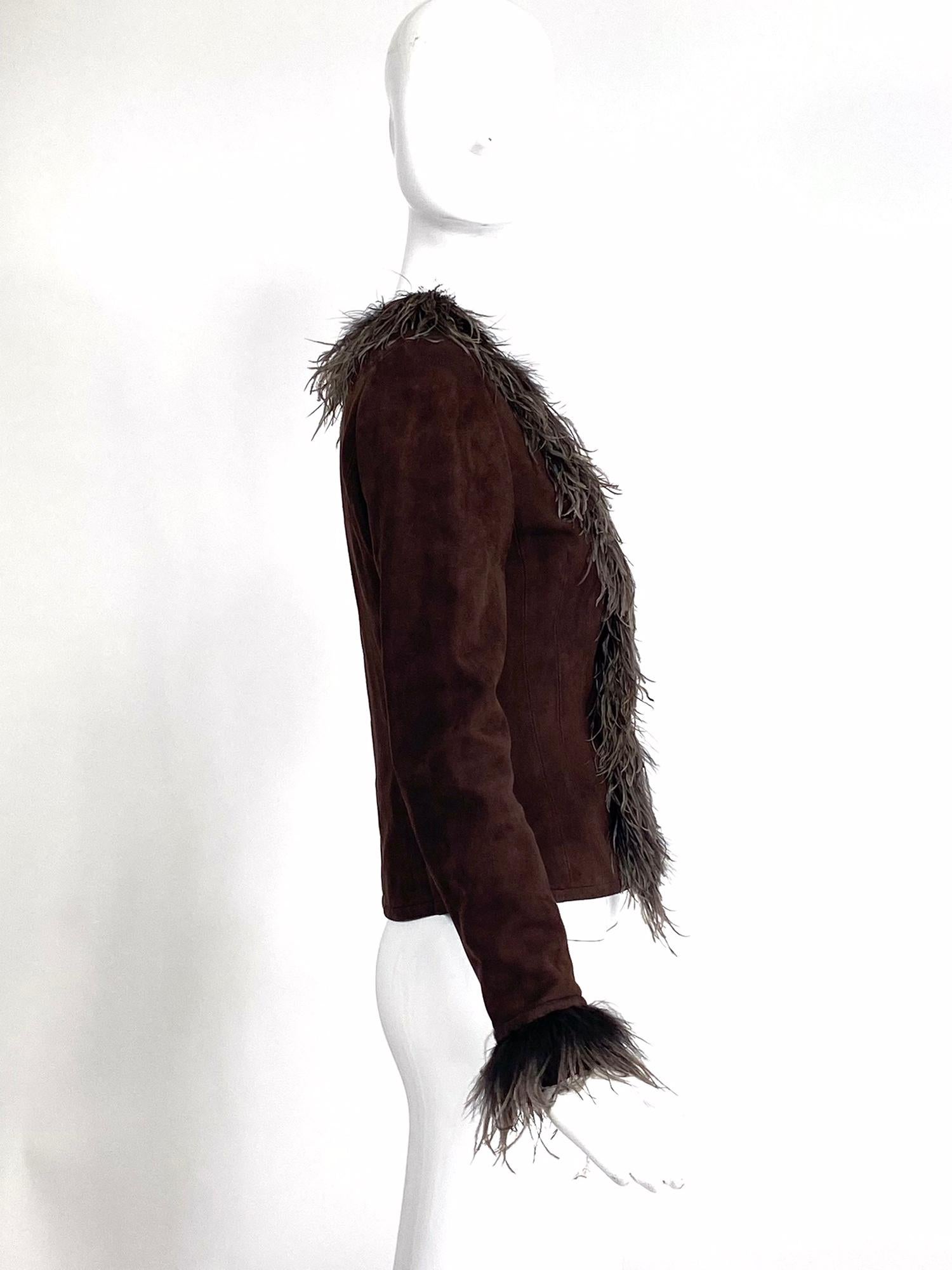 Escada Feather Trimmed Chocolate Brown Suede Jacket   For Sale 5