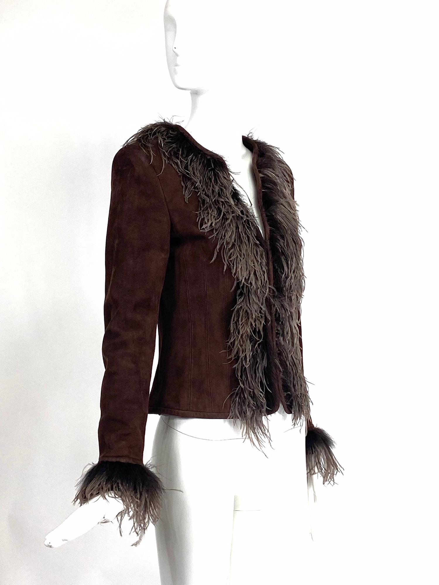 Escada Feather Trimmed Chocolate Brown Suede Jacket For Sale 6