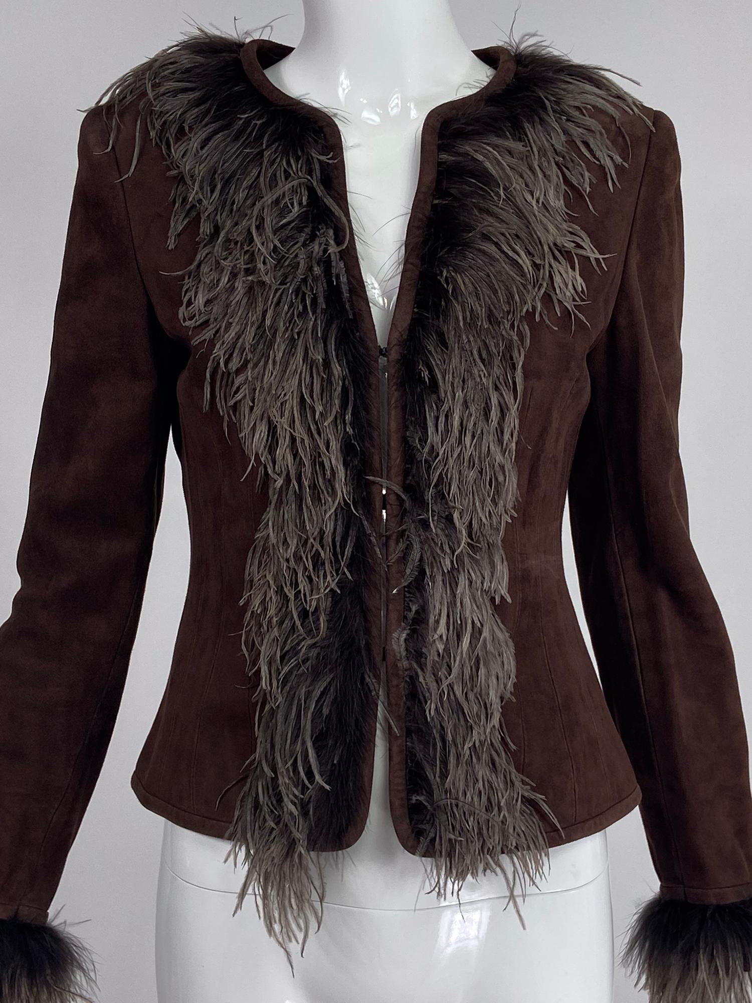 Escada Feather Trimmed Chocolate Brown Suede Jacket   For Sale 7