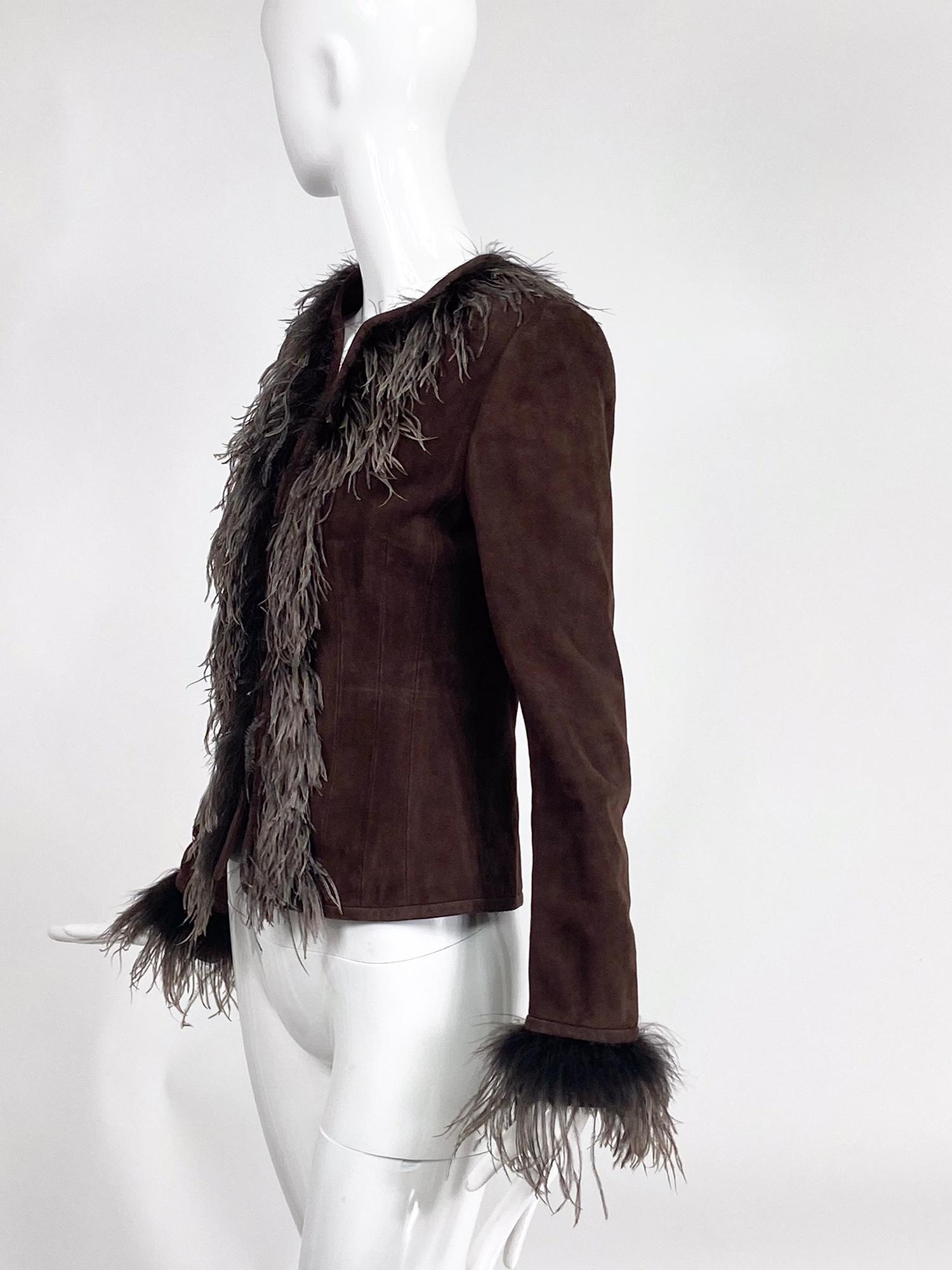 Black Escada Feather Trimmed Chocolate Brown Suede Jacket   For Sale