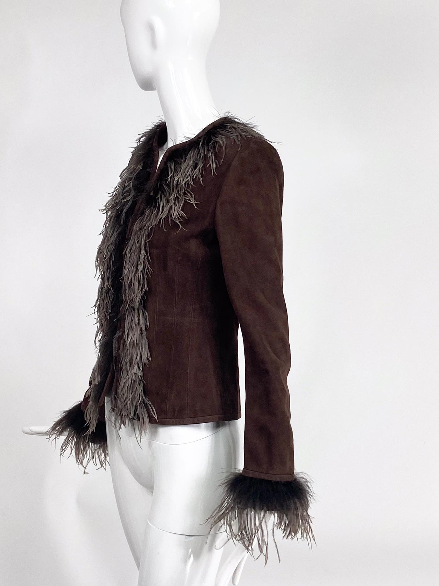 Black Escada Feather Trimmed Chocolate Brown Suede Jacket For Sale