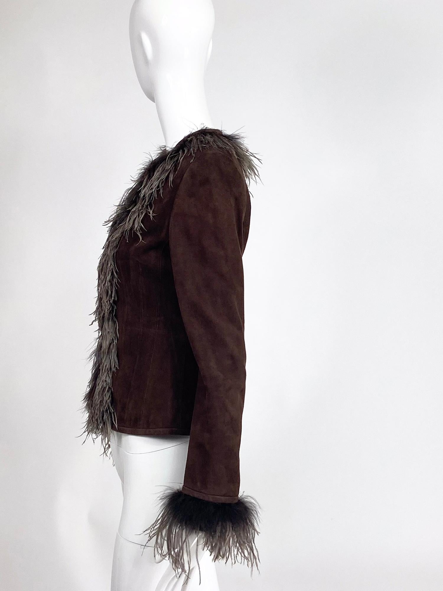 Escada Feather Trimmed Chocolate Brown Suede Jacket   In Good Condition For Sale In West Palm Beach, FL