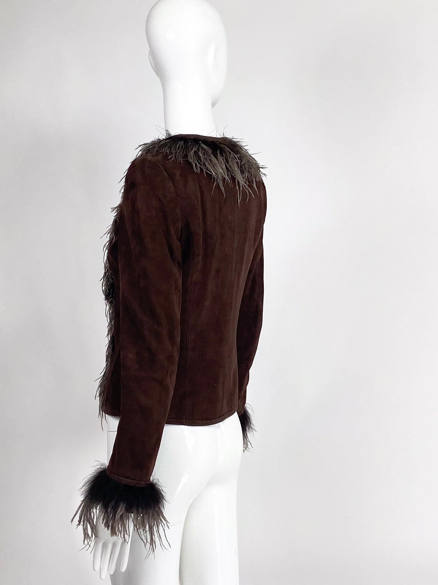Escada Feather Trimmed Chocolate Brown Suede Jacket   For Sale 2
