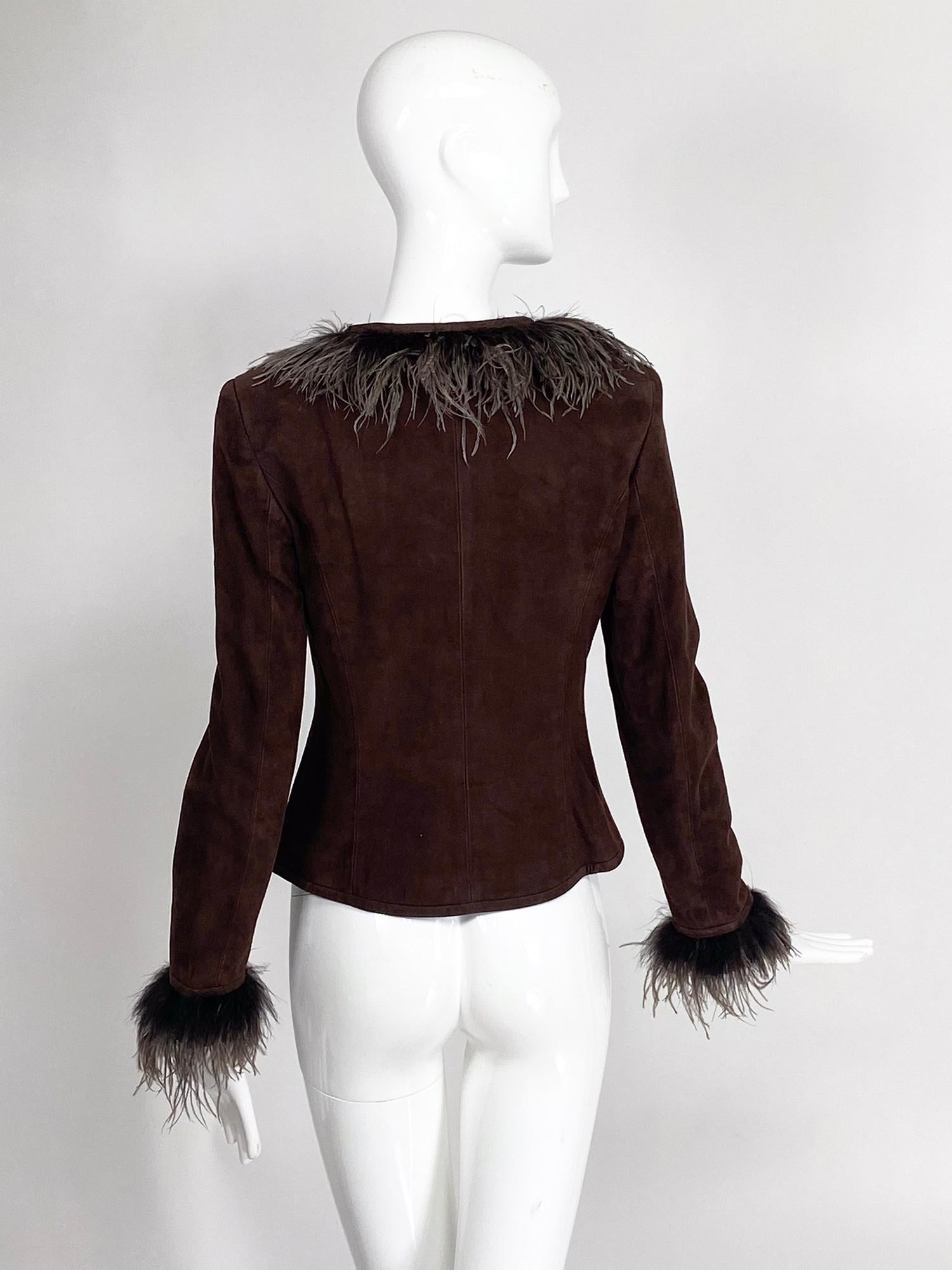 Escada Feather Trimmed Chocolate Brown Suede Jacket   For Sale 3
