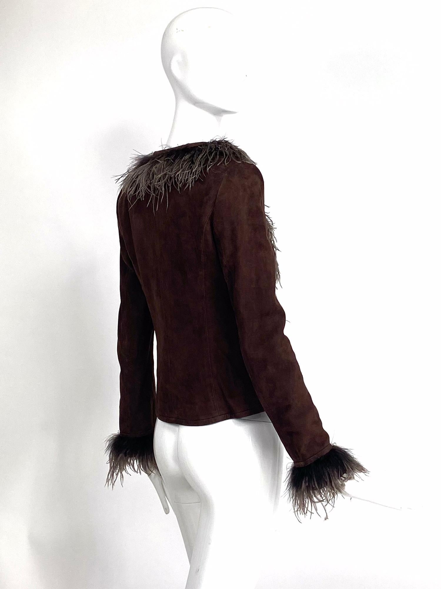 Escada Feather Trimmed Chocolate Brown Suede Jacket   For Sale 4