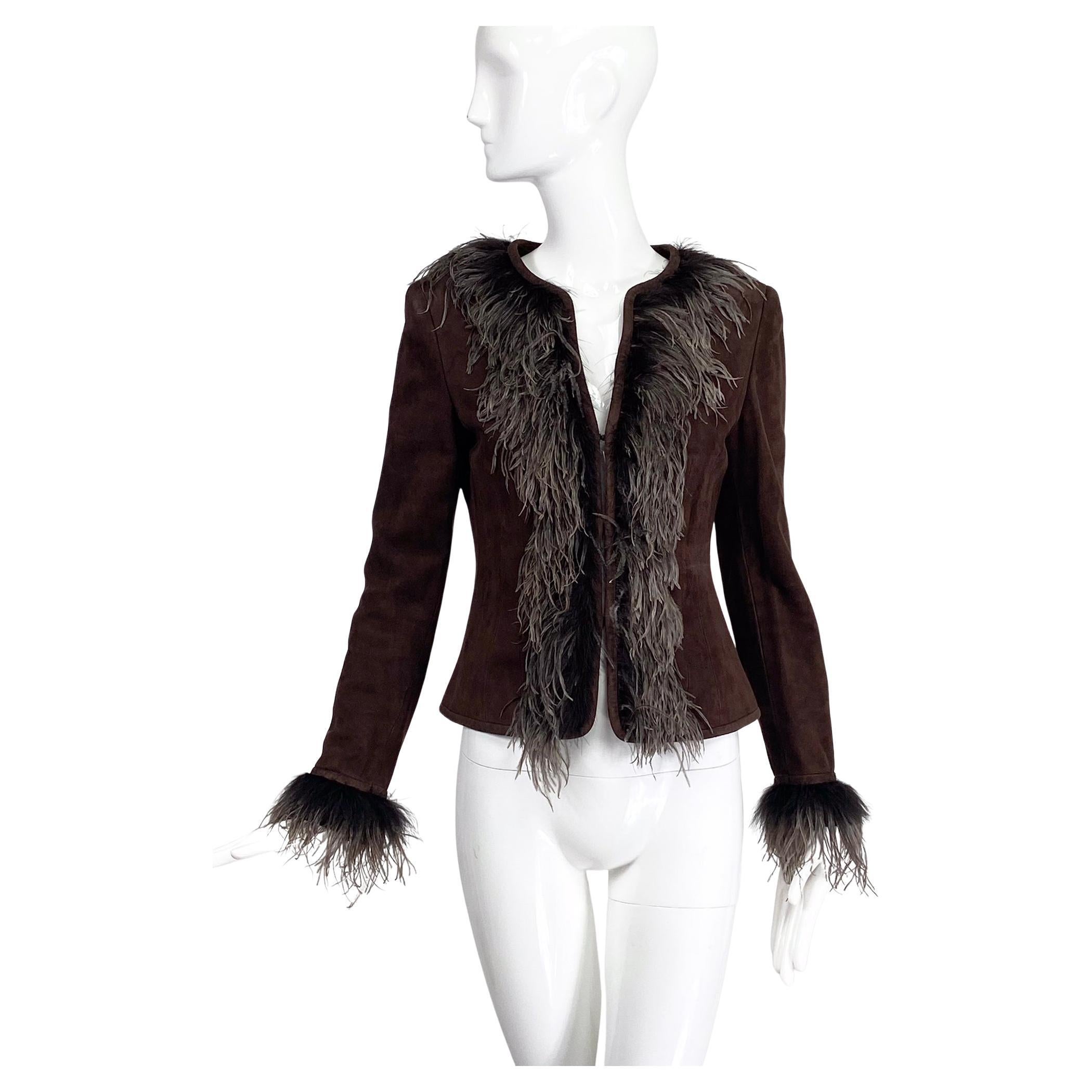 Escada Feather Trimmed Chocolate Brown Suede Jacket   For Sale