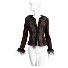 Escada Feather Trimmed Chocolate Brown Suede Jacket  