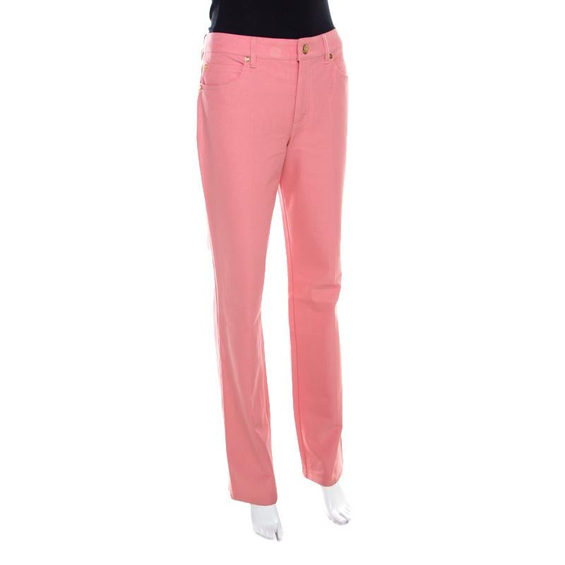 Escada Framboise Pink Stretch Denim High Rise Straight Leg Tessa Jeans M In Good Condition In Dubai, Al Qouz 2