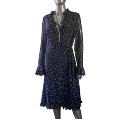 Escada Germany Vintage Black & White Silk Print Wrap Dress Ruffle Trim Size 10