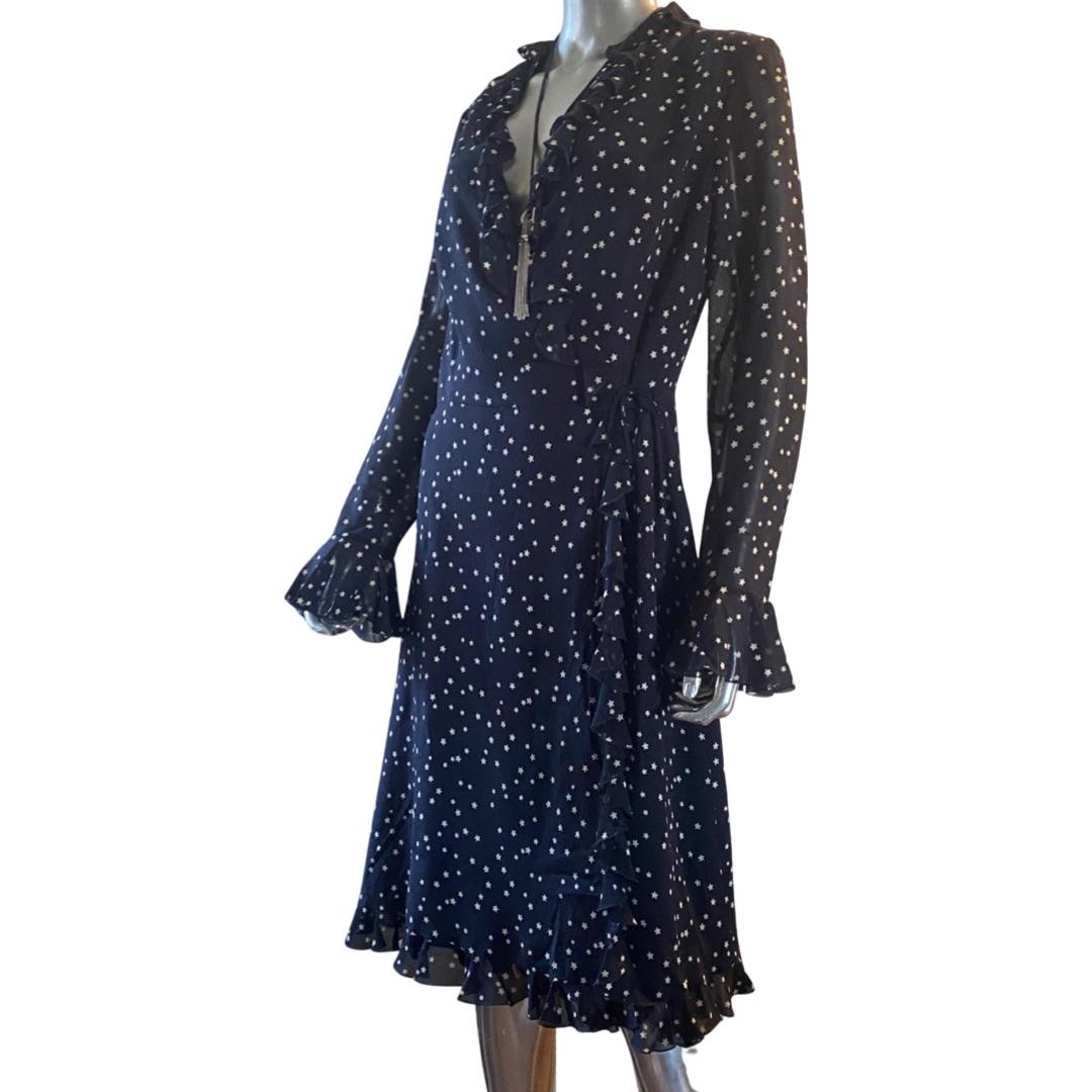 Escada Deutschland Vintage Schwarz-Weißes Wickelkleid mit Rüschenbesatz aus Seide, Größe 10 im Angebot 3