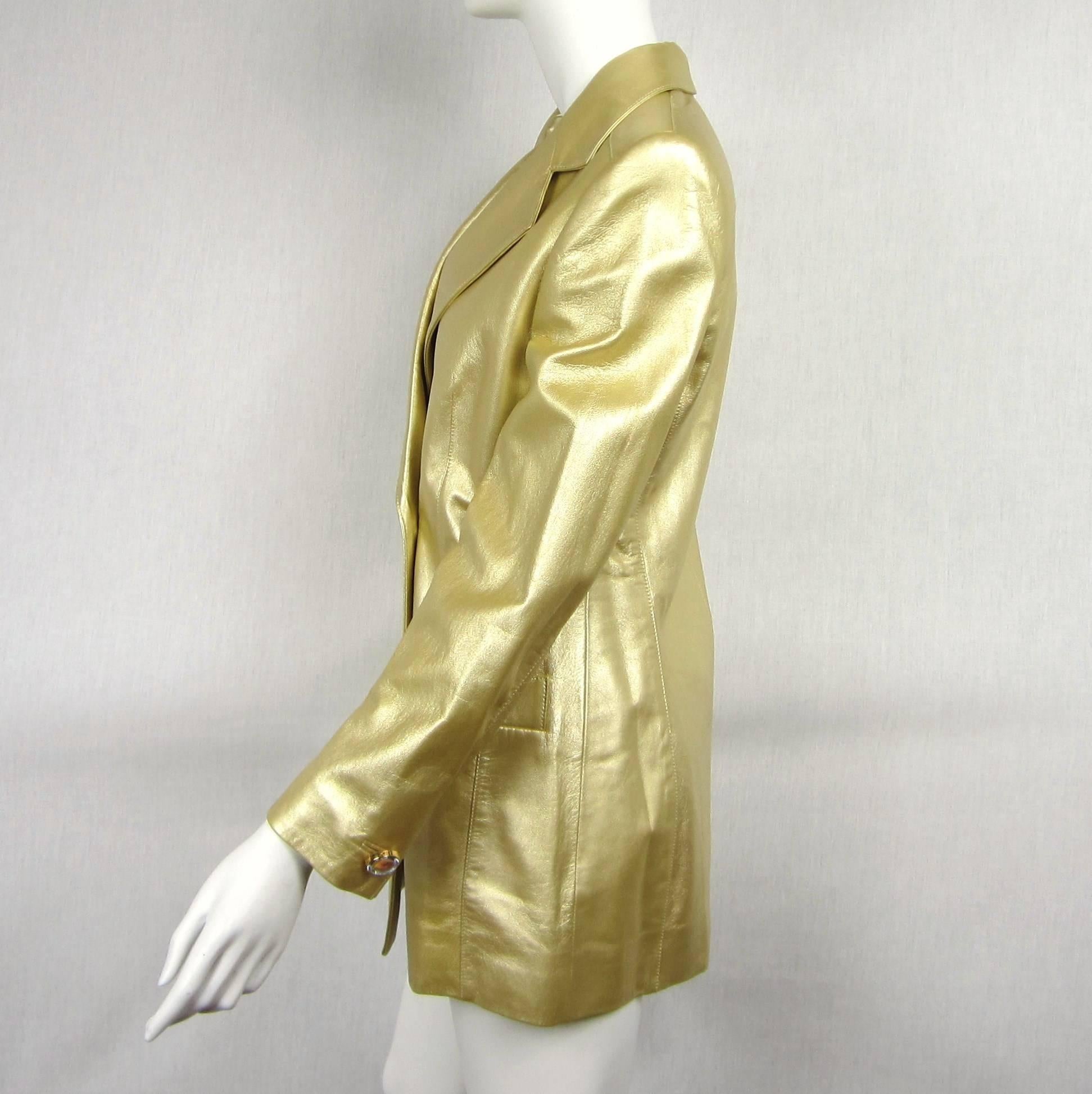 Brown Escada Gold Leather Blazer Jacket Double Breasted Shimmering  1990s UK 38  For Sale